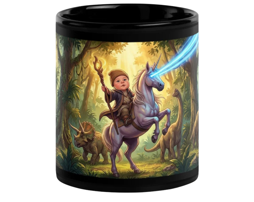 Badass Baby — baby riding a laser-eyed unicorn scene